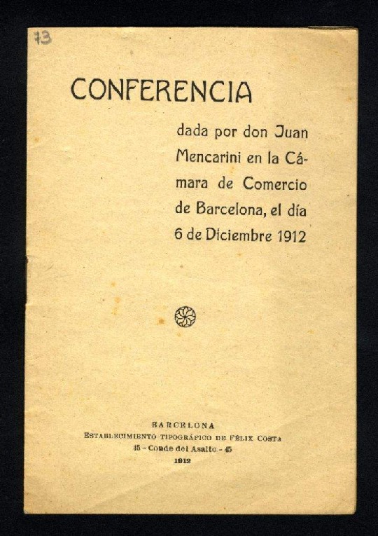 Conferencia dada por Juan Mencarini en la Cámara de Comercio de Barcelona, el día 6 de diciembre de 1912