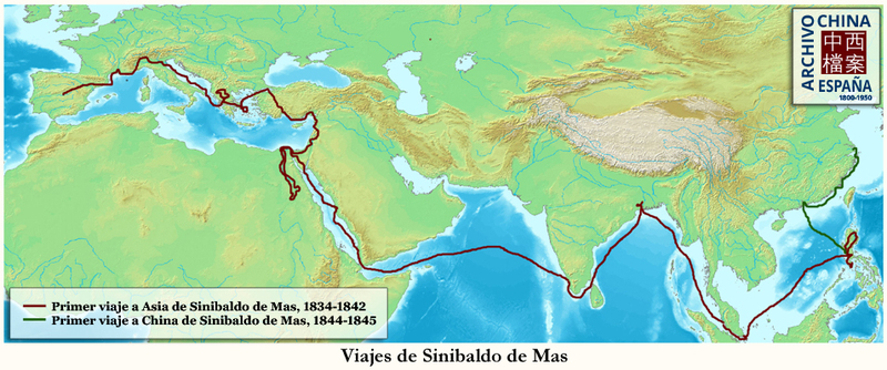 Mapa de los viajes de Sinibaldo de Mas a Asia 