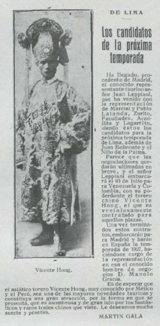 Noticia sobre el torero Vicente Hong